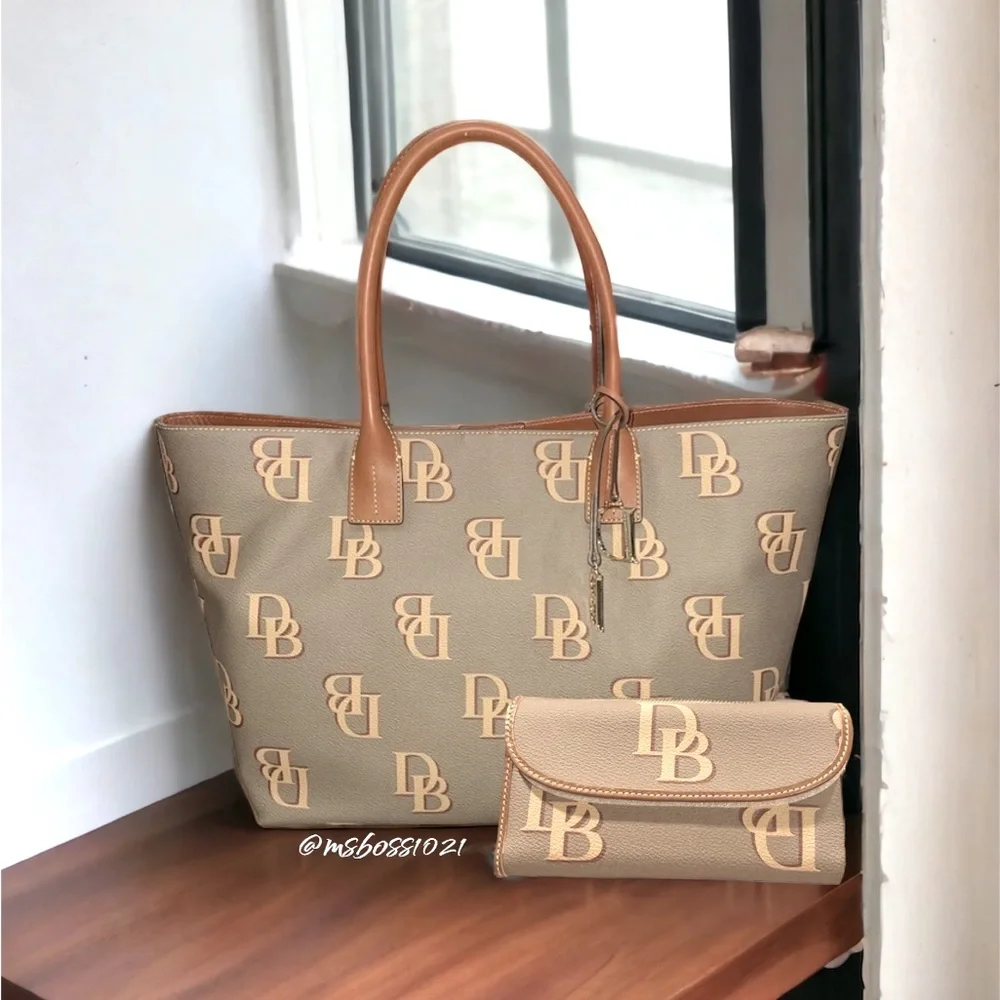 Dooney & Bourke Monogram Handbag Tote + Trifold Wallet in Taupe NWT